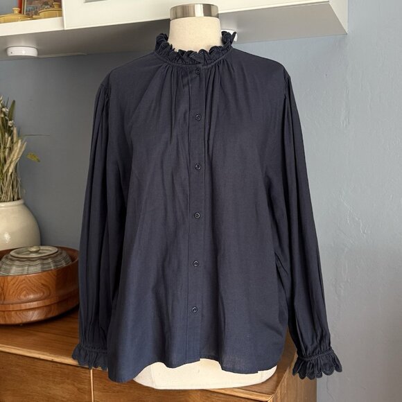 ba&sh Batsy Embroidered Eyelet Ruffle Navy Blue Button Shirt Blouse - Picture 1 of 9